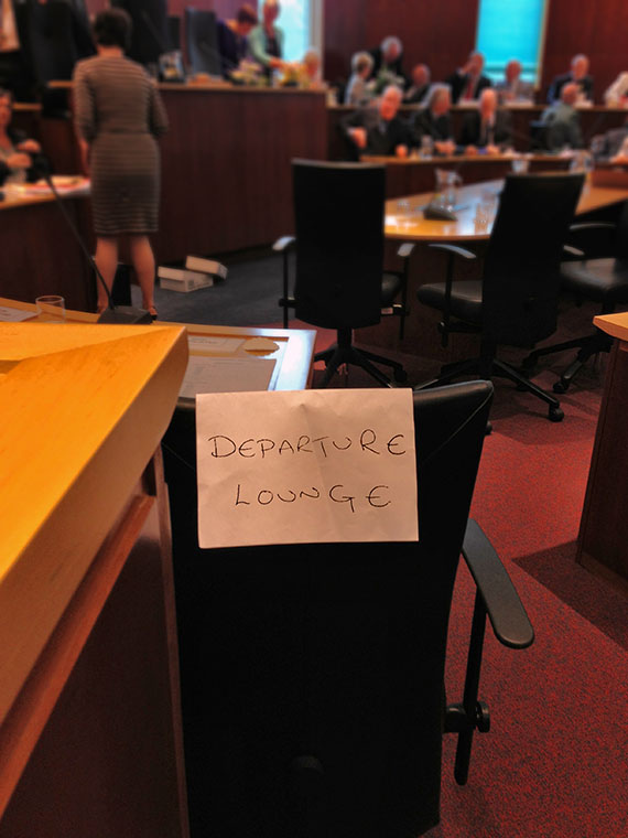 Somebody's mischief with the seat in the chamber previously occupied by Cllr. Bryan.